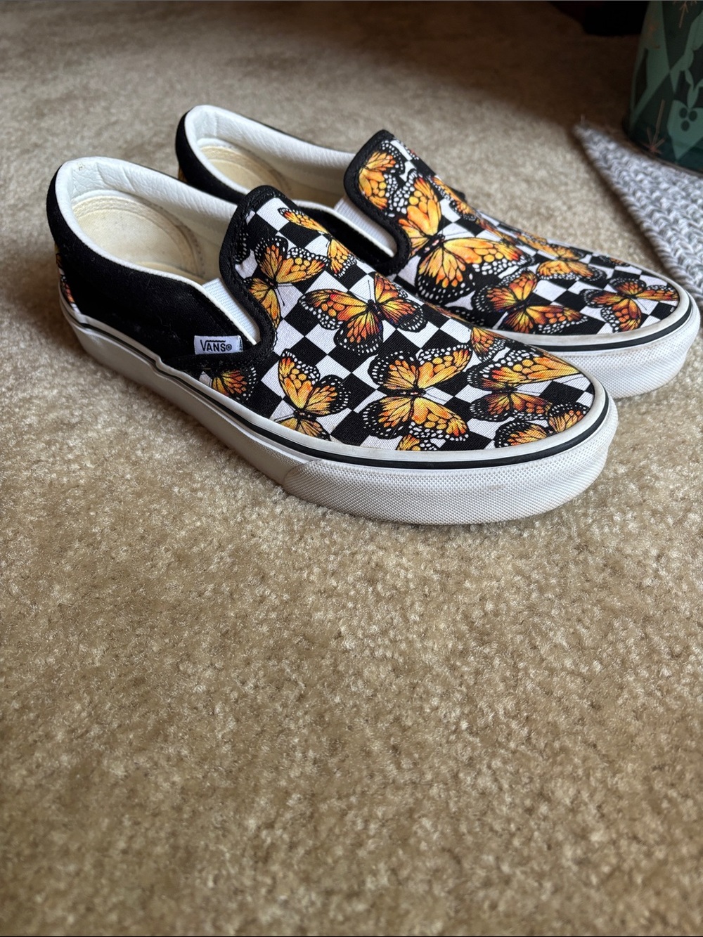 Vans Black and Orange Butterfly Checkerboard Slip-On Sneakers